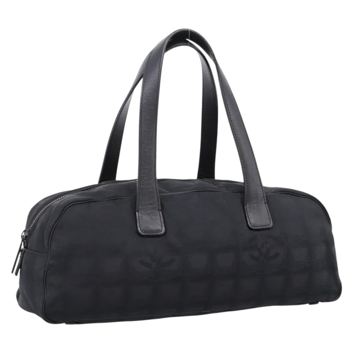 CHANEL New Travel Line Hand Bag Canvas Black Silver CC Auth 201402A