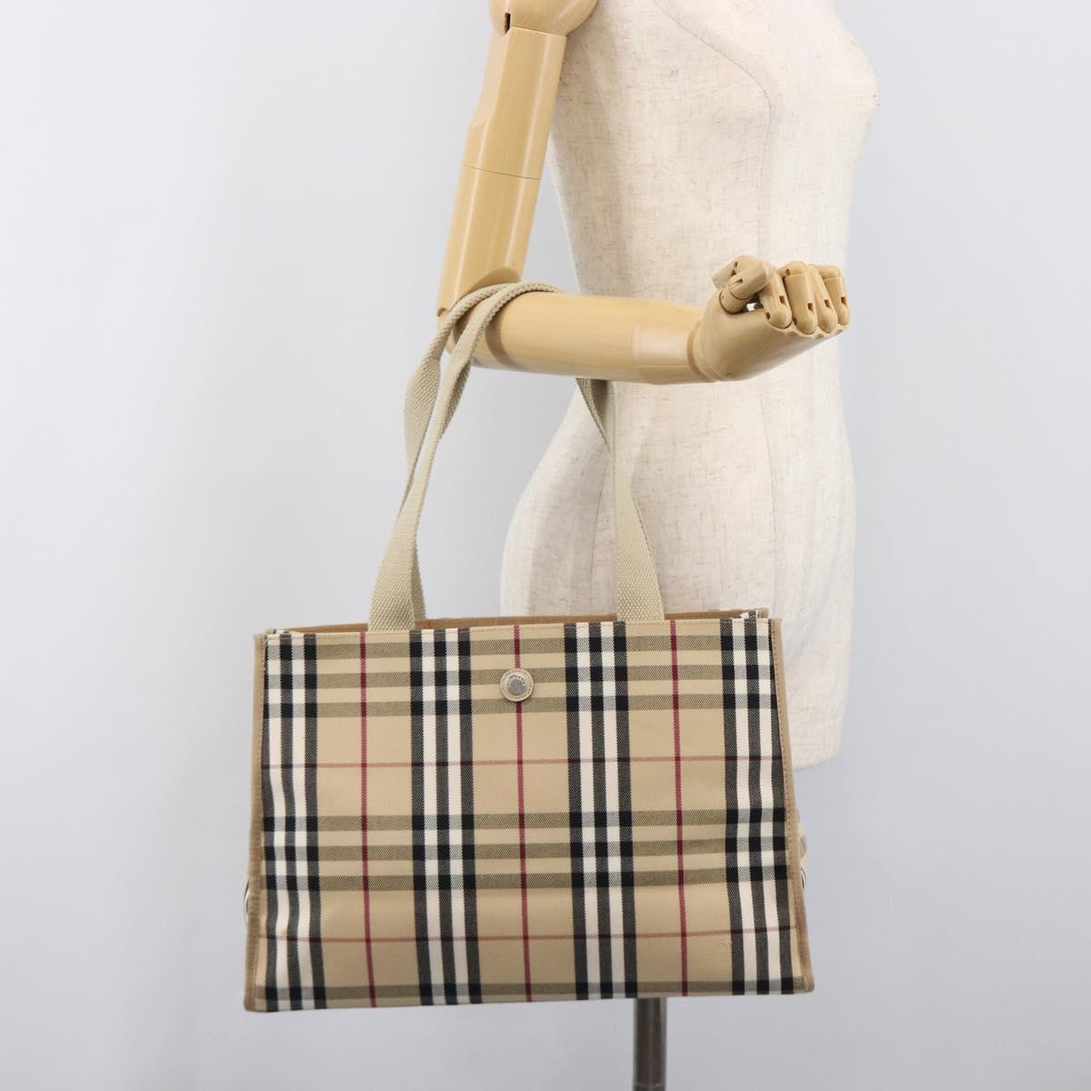 BURBERRY Nova Check Tote Bag Canvas Beige Silver Auth 201419A