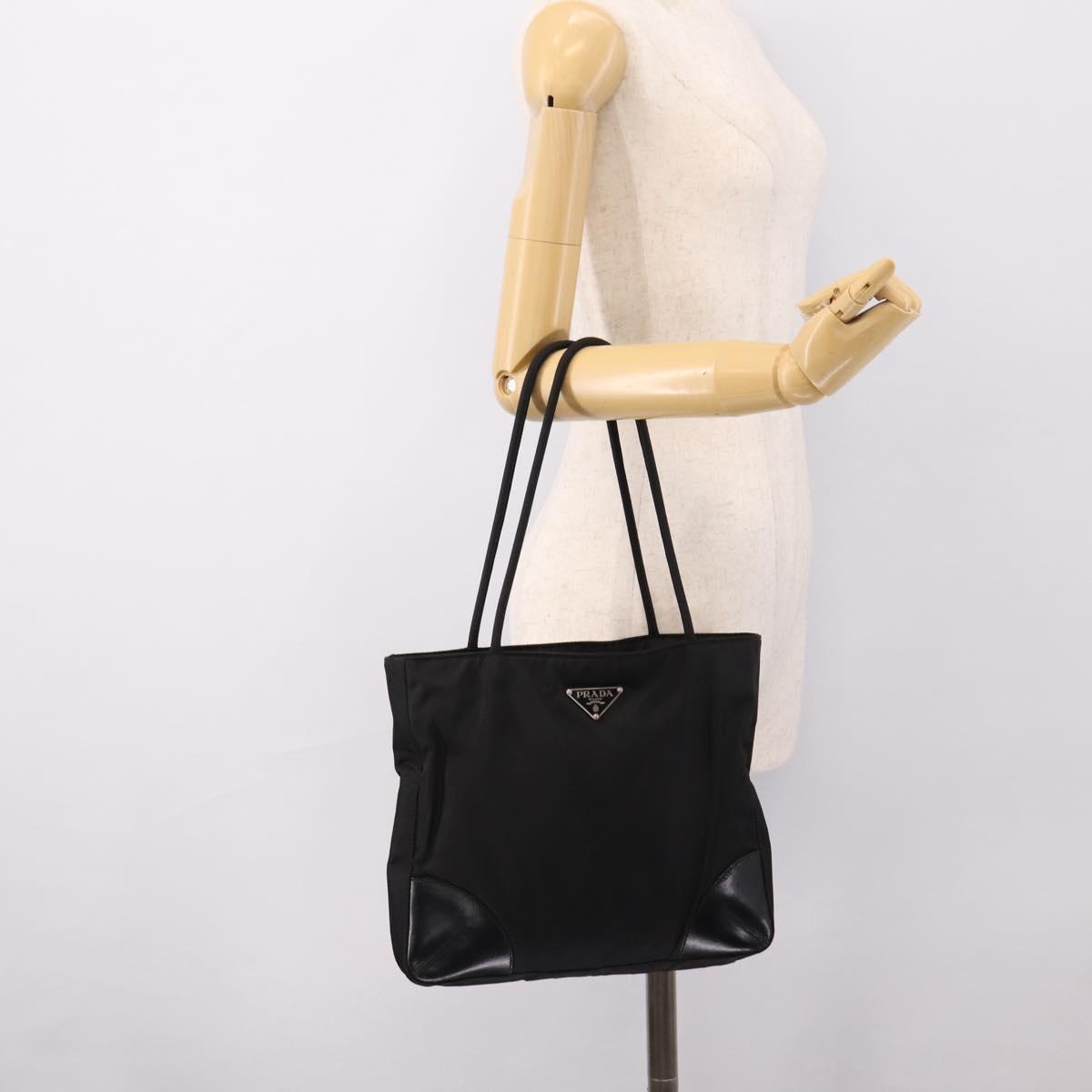PRADA Tote Bag Nylon Black Silver Auth 201424