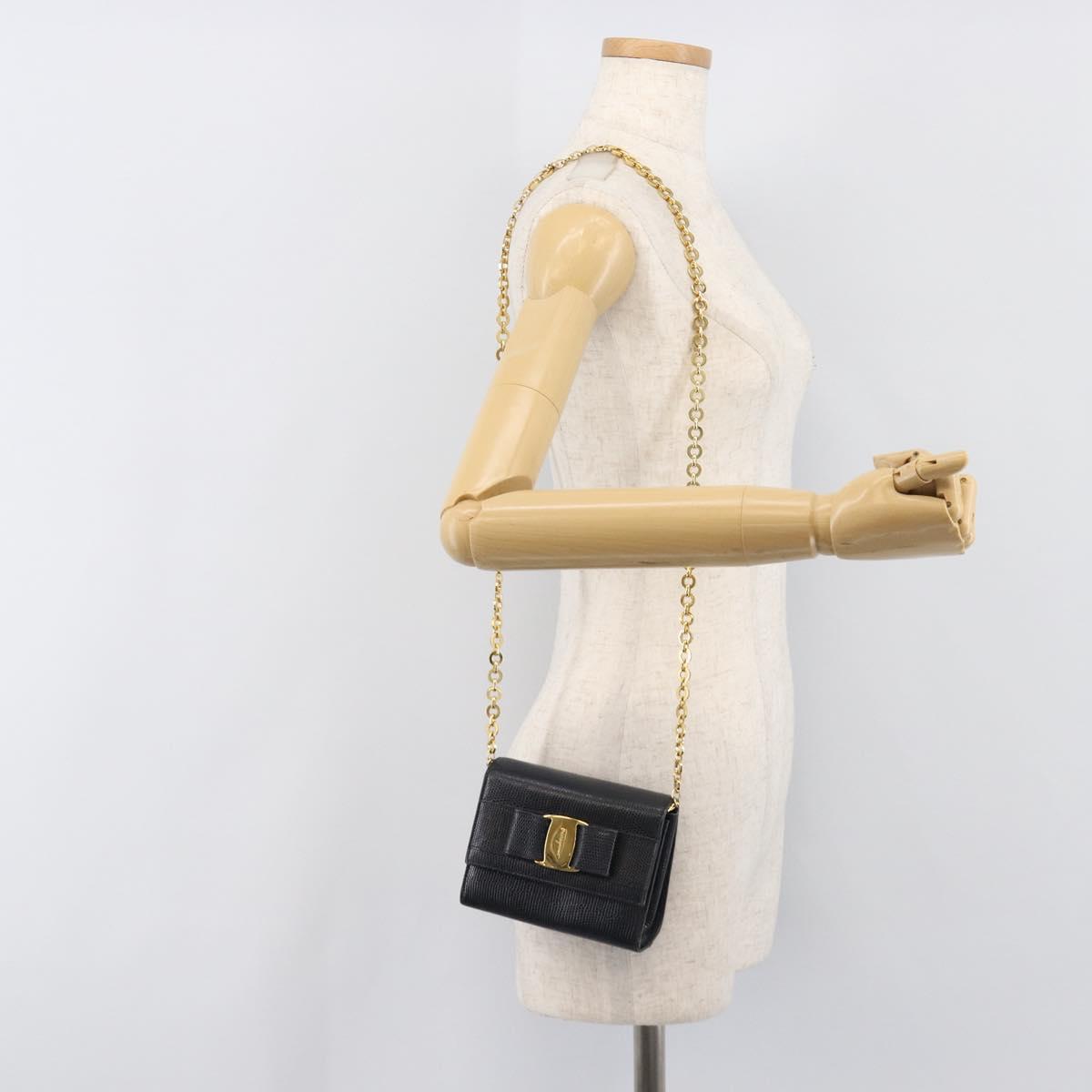 Salvatore Ferragamo Vala Chain Shoulder Bag Leather Navy Gold Tone Auth 201431