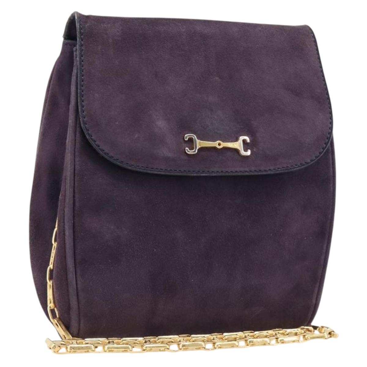 CELINE Chain Shoulder Bag Suede Purple Gold Tone Auth 201439