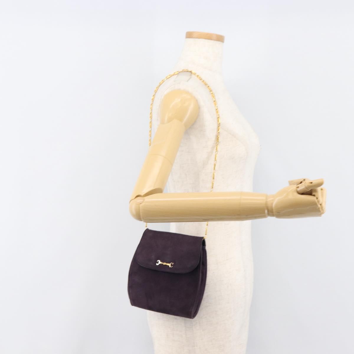 CELINE Chain Shoulder Bag Suede Purple Gold Tone Auth 201439