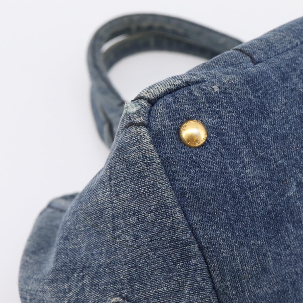 PRADA Canapa MM Hand Bag Denim Blue Gold Auth 201449