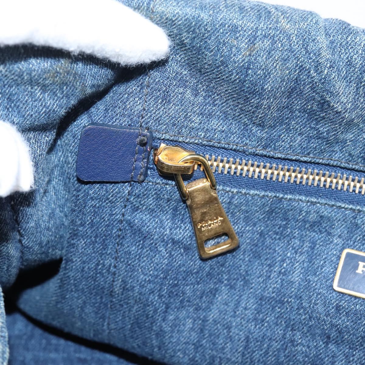 PRADA Canapa MM Hand Bag Denim Blue Gold Auth 201449