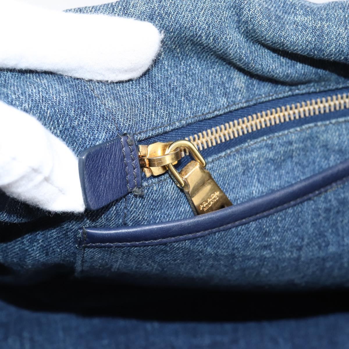 PRADA Canapa MM Hand Bag Denim Blue Gold Auth 201449