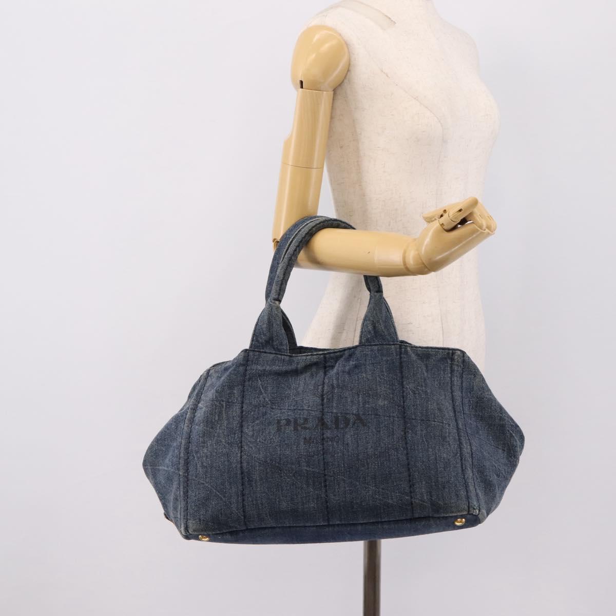 PRADA Canapa MM Hand Bag Denim Blue Gold Auth 201449
