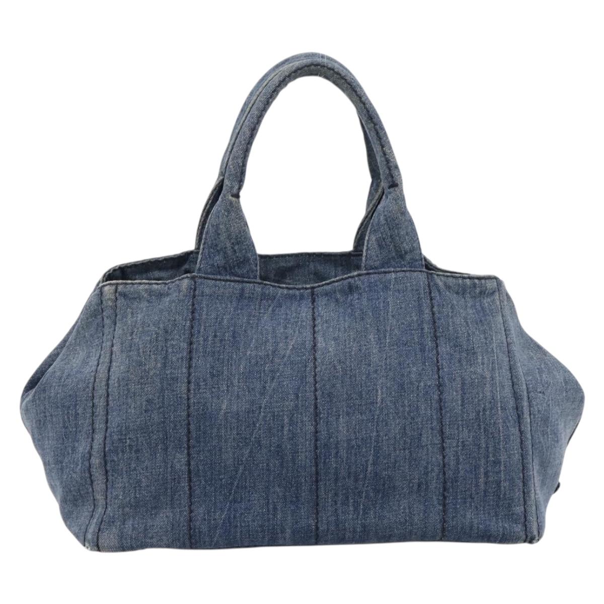 PRADA Canapa MM Hand Bag Denim Blue Gold Auth 201449