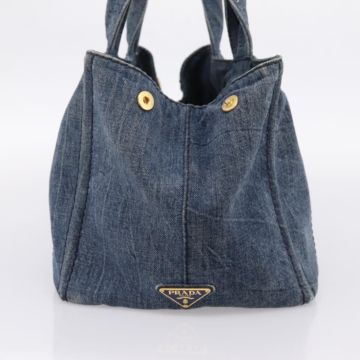 PRADA Canapa MM Hand Bag Denim Blue Gold Auth 201449