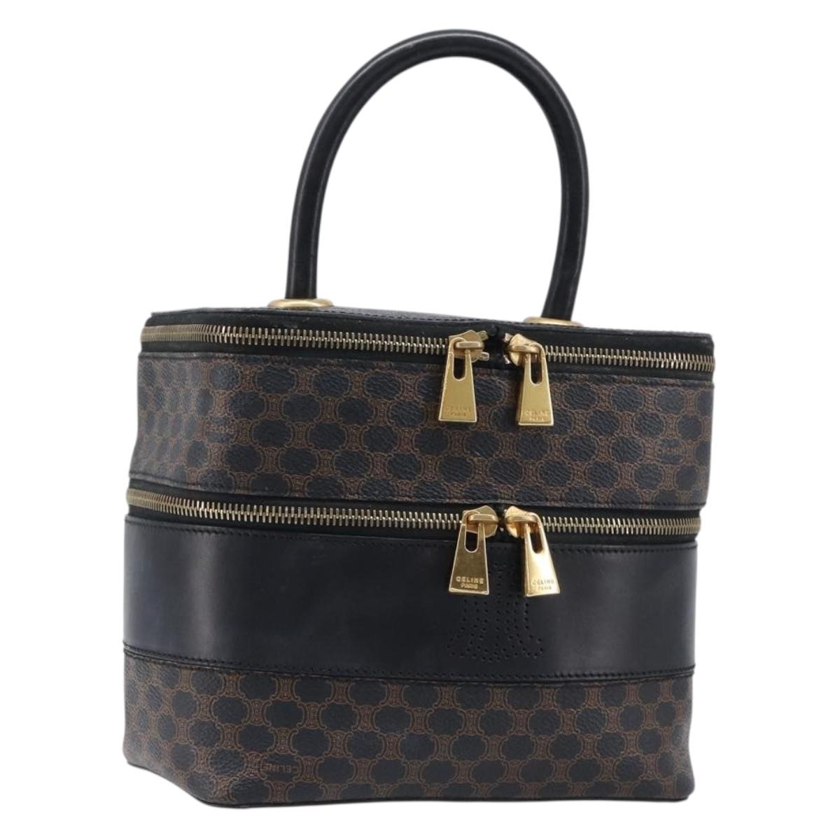 CELINE Macadam Canvas Vanity Hand Bag PVC Leather Black Gold Auth 201453A