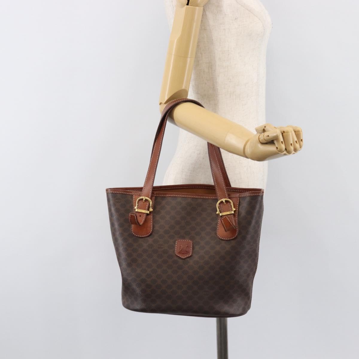 CELINE Macadam Canvas Tote Bag PVC Leather Brown Gold Auth 201454