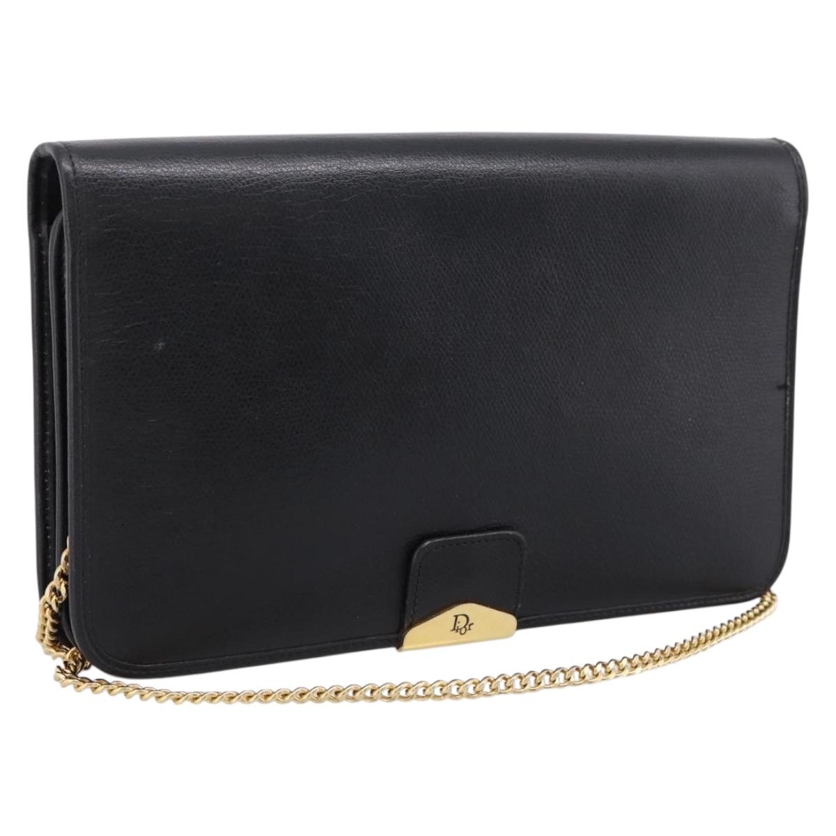 Christian Dior Chain Shoulder Bag Leather Black Gold Auth 201456A