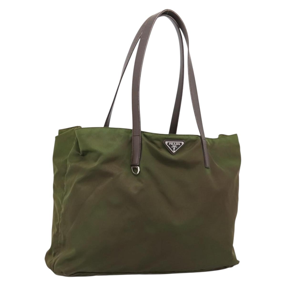 PRADA Tote Bag Nylon Khaki Silver Auth 201463