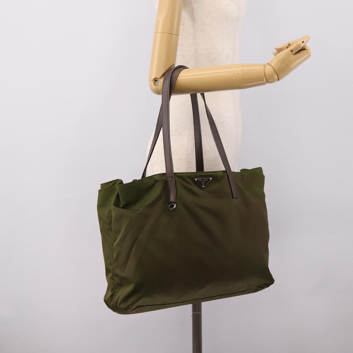 PRADA Tote Bag Nylon Khaki Silver Auth 201463
