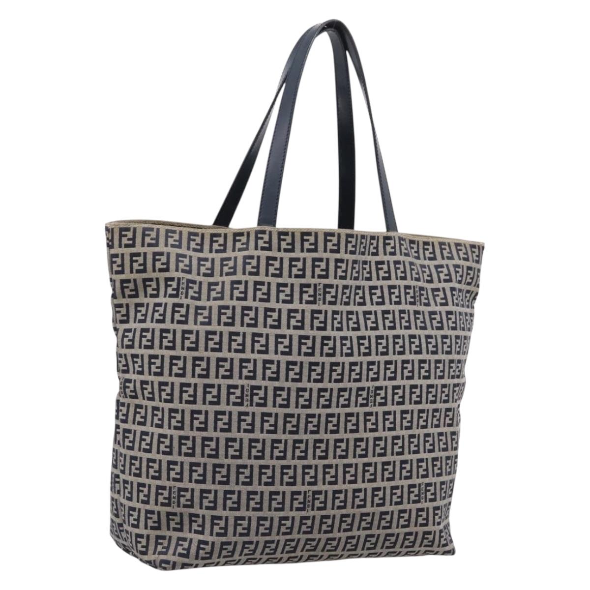 FENDI Zucchino Canvas Tote Bag Navy Silver Auth 201464A