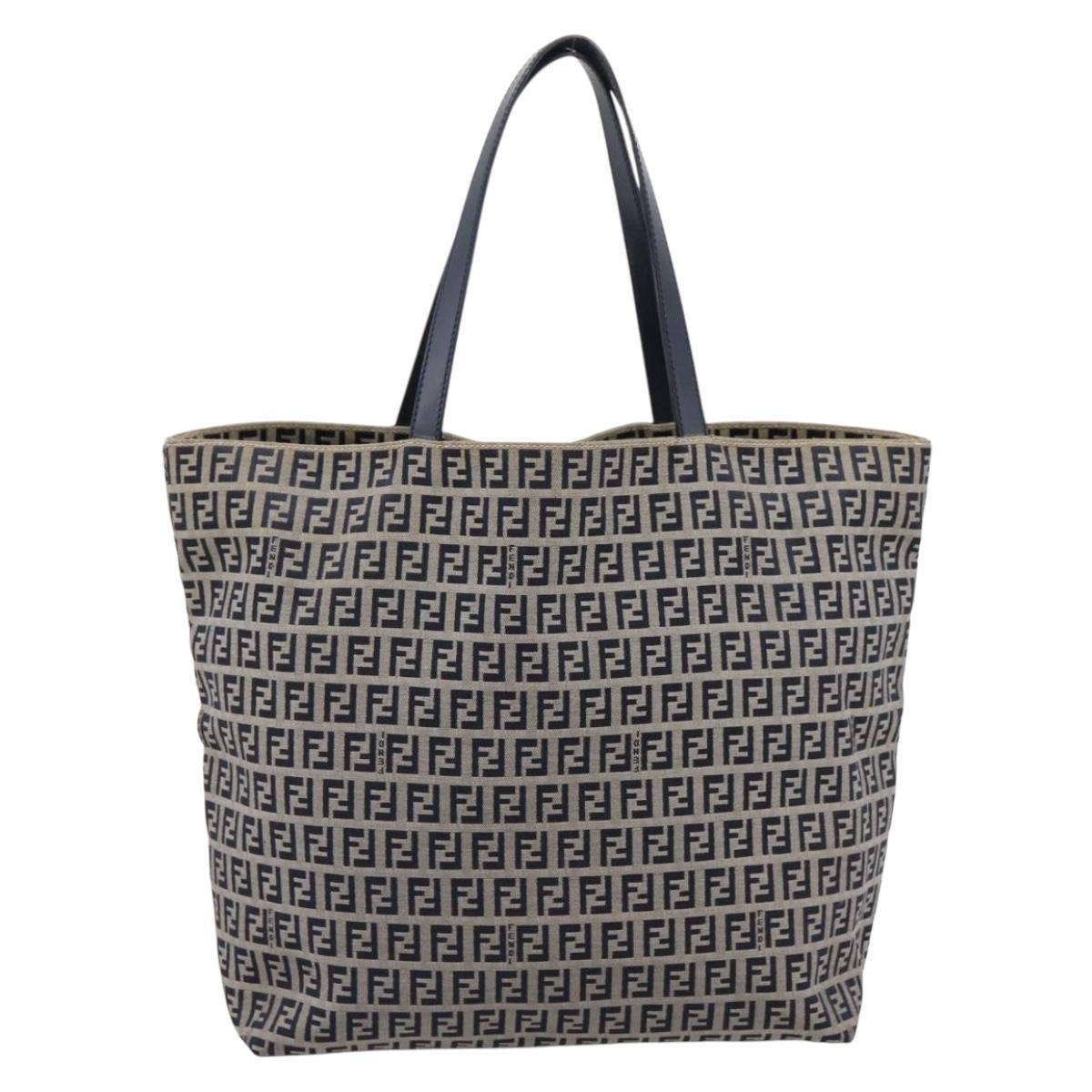 FENDI Zucchino Canvas Tote Bag Navy Silver Auth 201464A