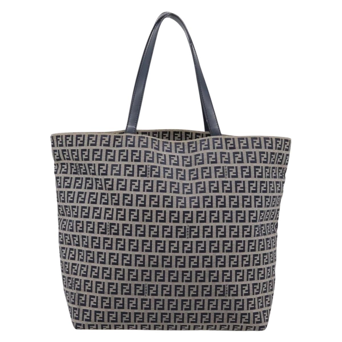 FENDI Zucchino Canvas Tote Bag Navy Silver Auth 201464A