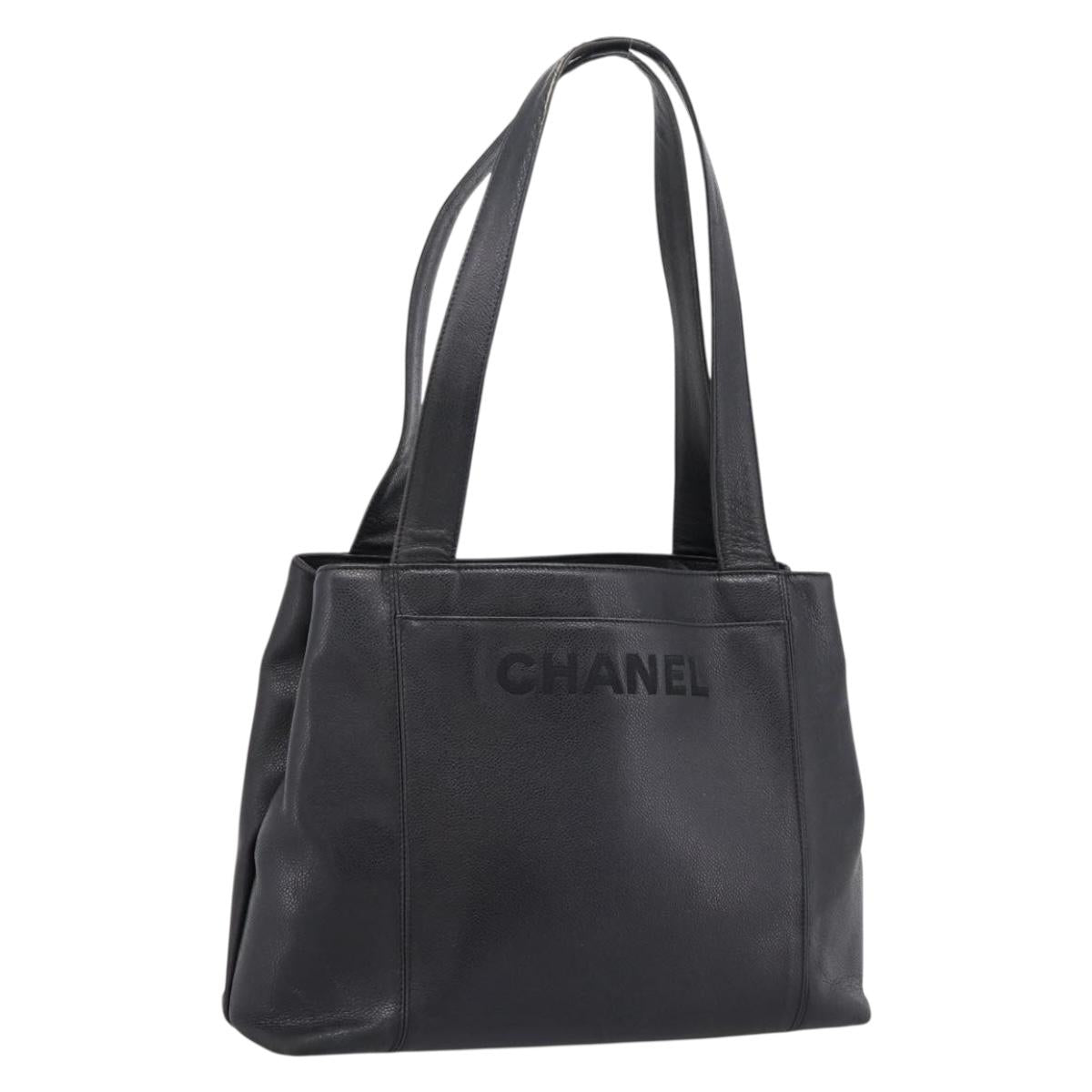 CHANEL Tote Bag Caviar Skin Black Silver CC Auth 201476