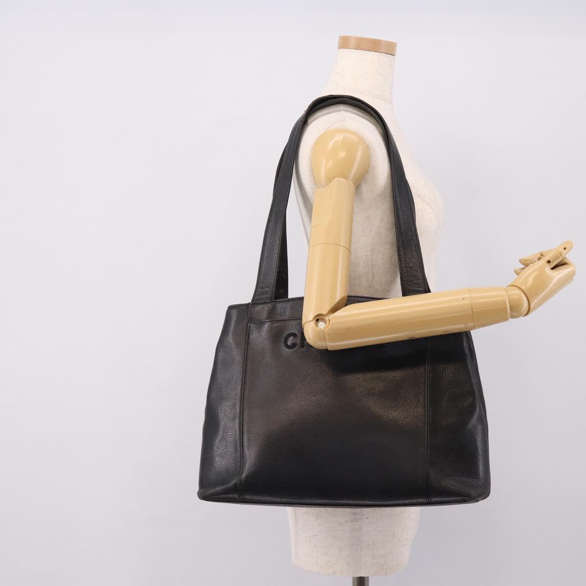 CHANEL Tote Bag Caviar Skin Black Silver CC Auth 201476
