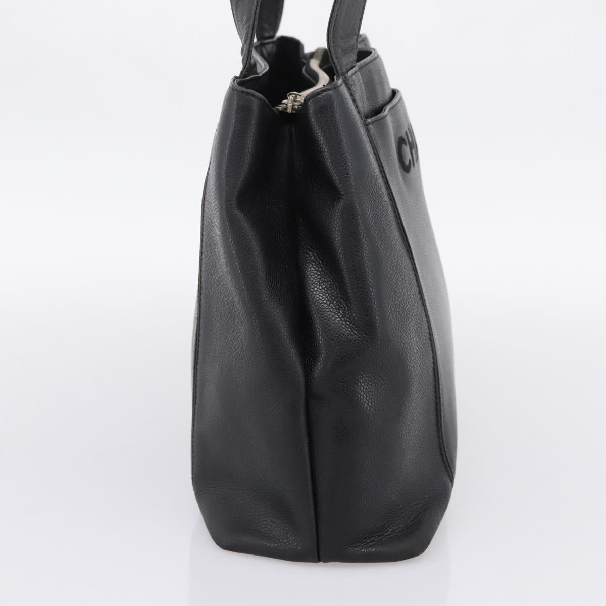 CHANEL Tote Bag Caviar Skin Black Silver CC Auth 201476