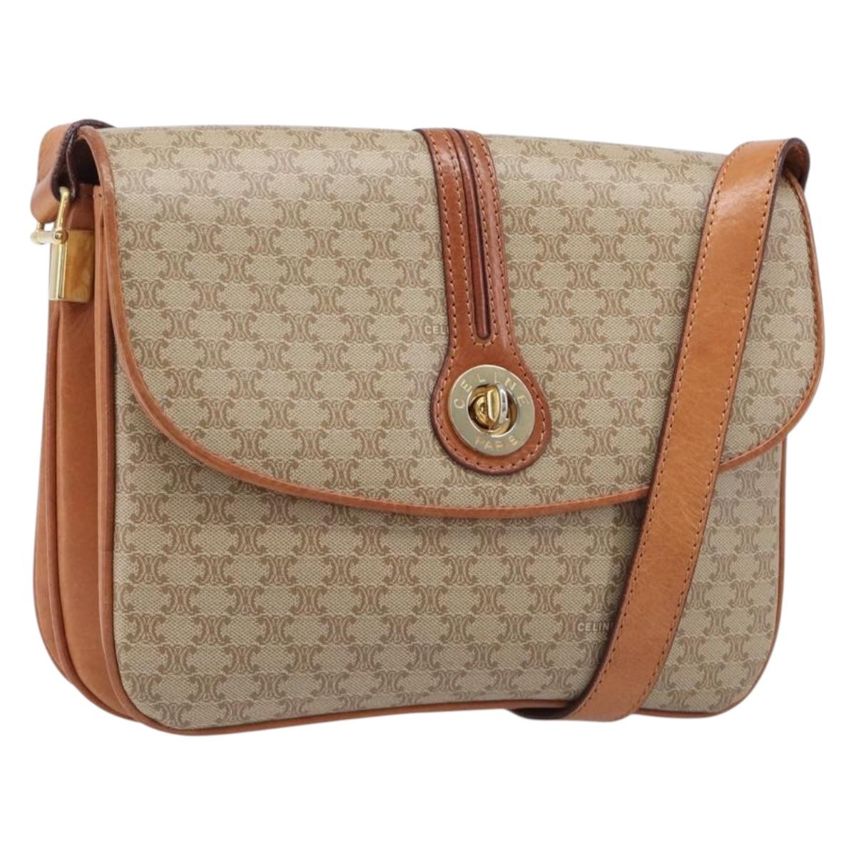 CELINE Macadam Canvas Shoulder Bag PVC Beige Gold Auth 201484A