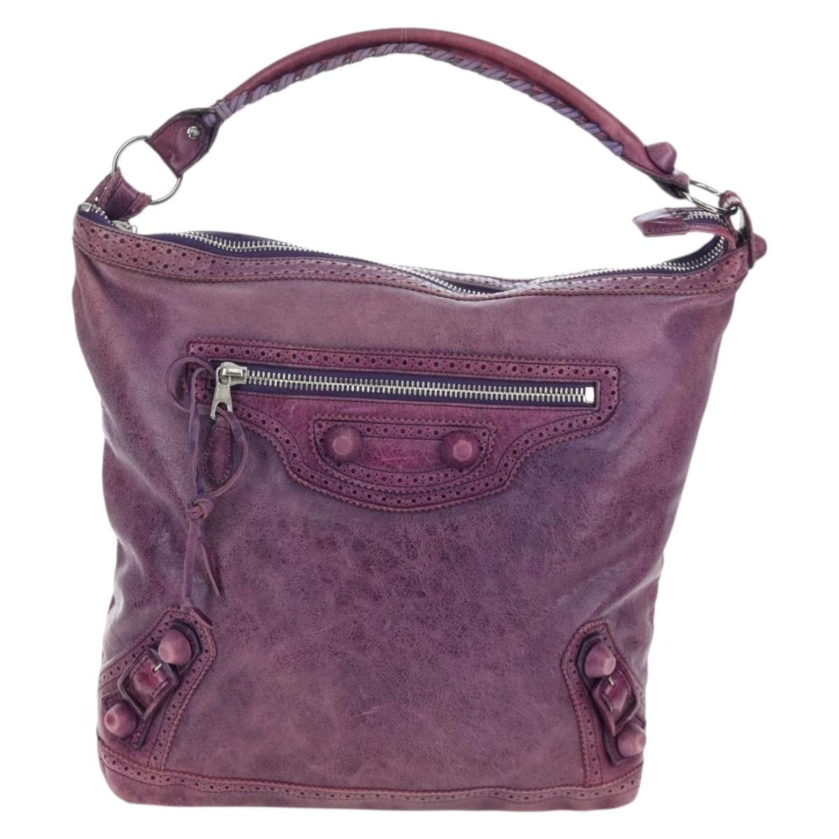 BALENCIAGA Covered Giant Day Hand Bag Leather Purple Silver 204527 Auth 201485V