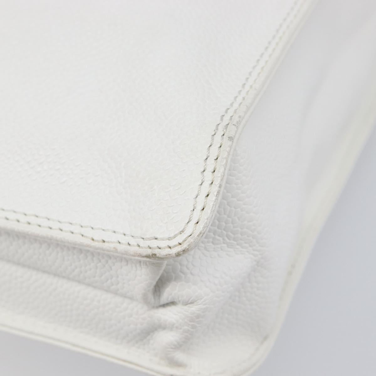 CHANEL COCO Mark Wood Hand Bag Caviar Skin White Gold CC Auth 201487V