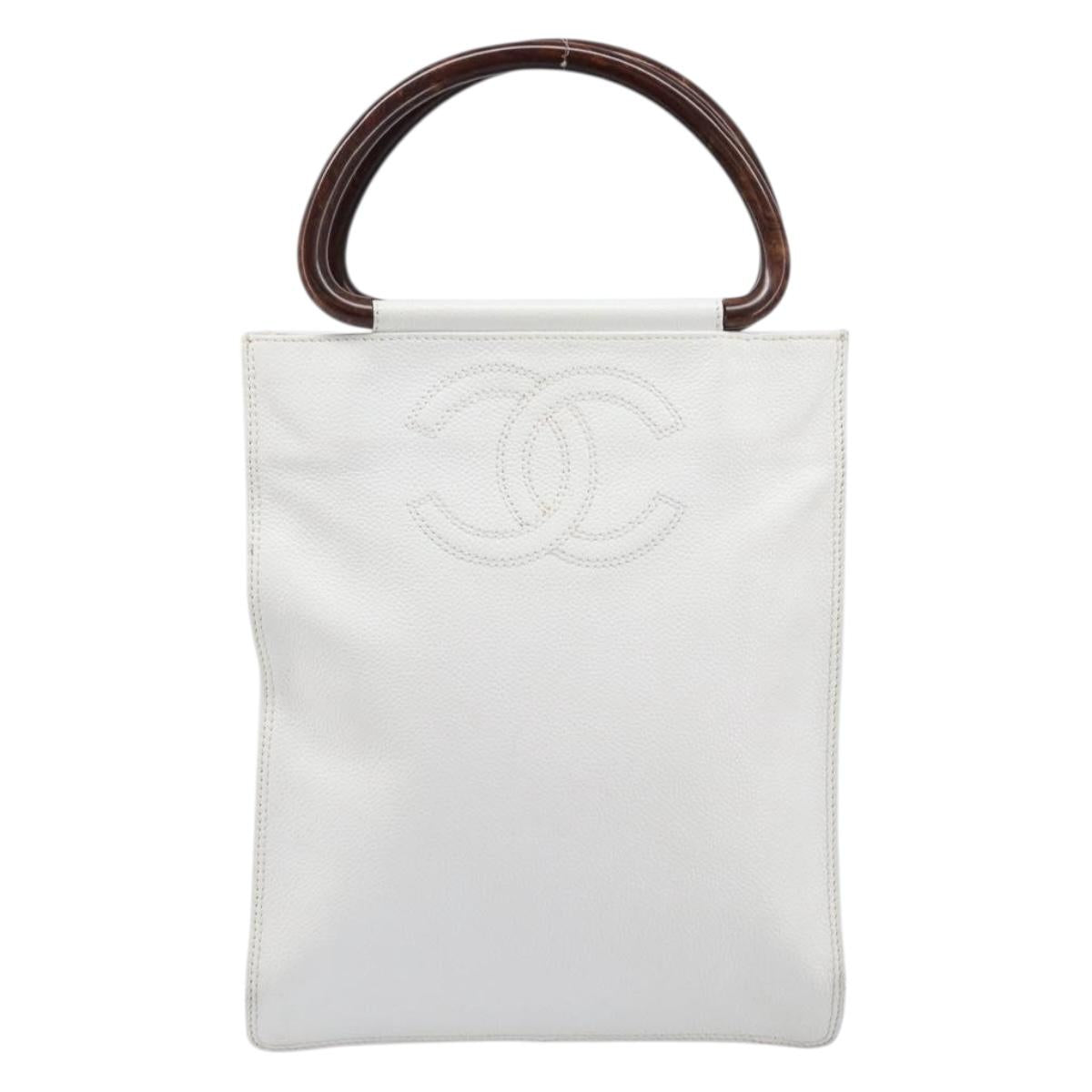 CHANEL COCO Mark Wood Hand Bag Caviar Skin White Gold CC Auth 201487V