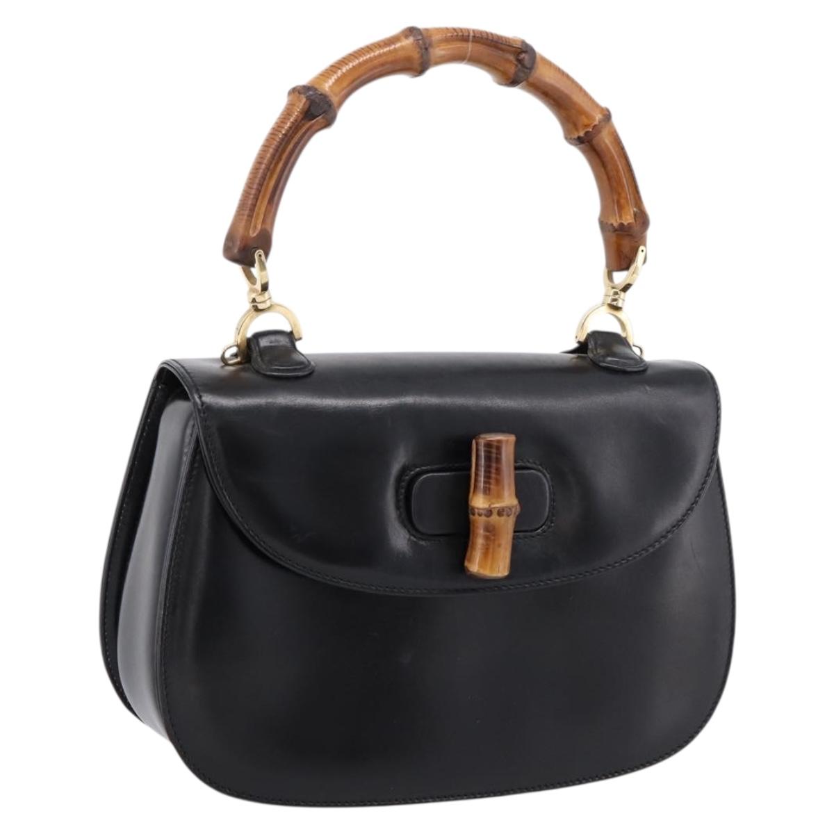 GUCCI Bamboo Hand Bag Leather Black Gold 000 1364 0633 Auth 201509A