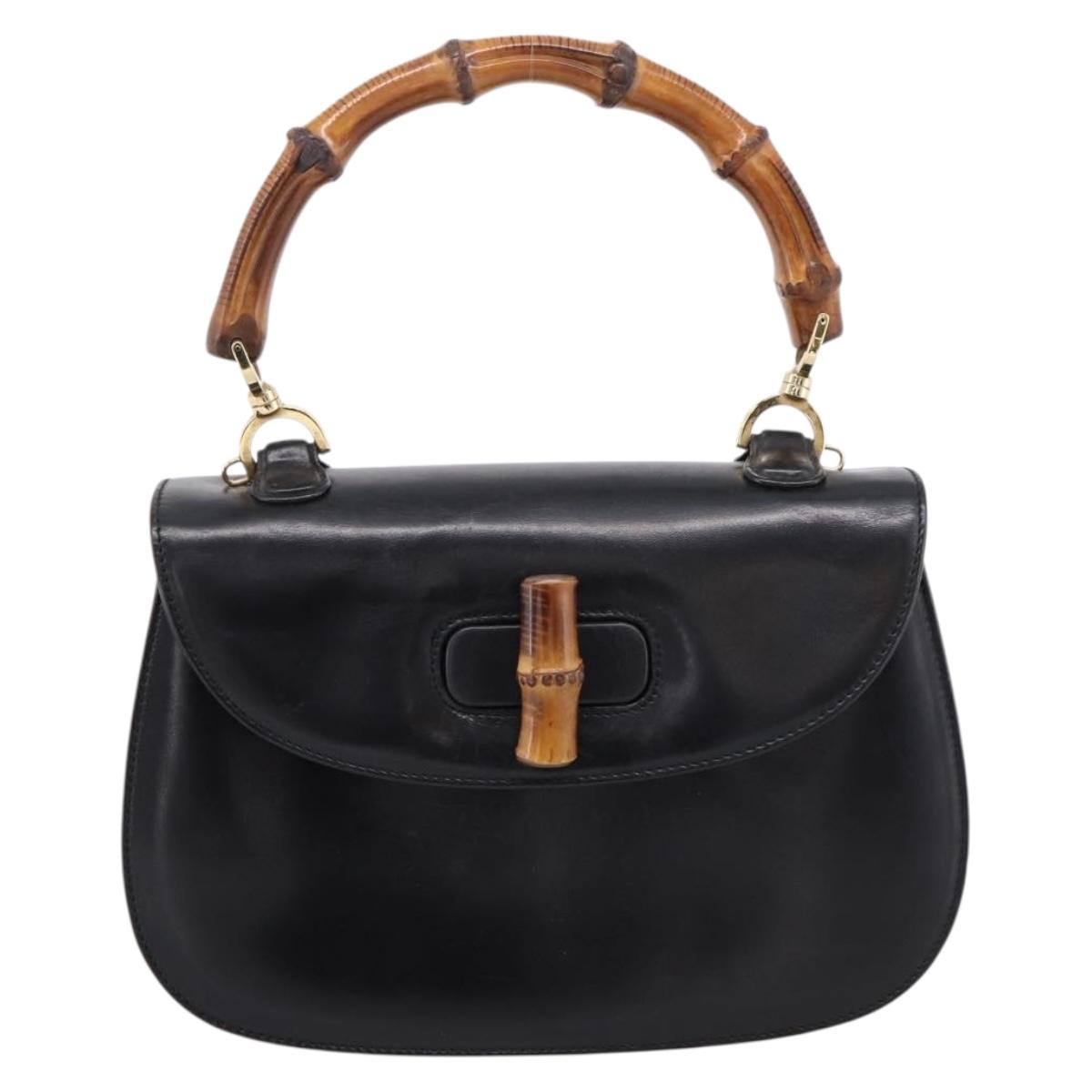GUCCI Bamboo Hand Bag Leather Black Gold 000 1364 0633 Auth 201509A
