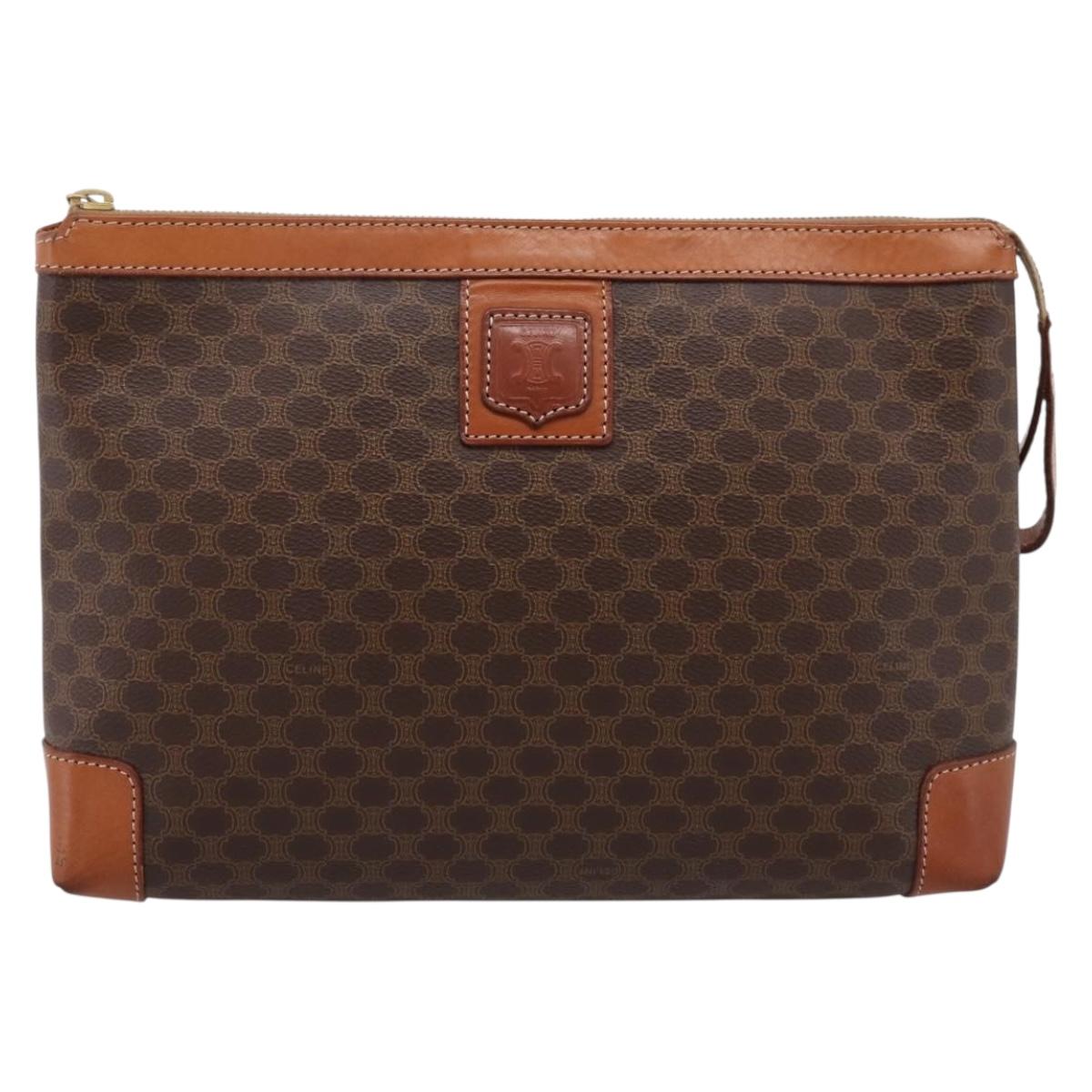 CELINE Macadam Clutch Bag PVC Leather Brown Gold Auth 201520A