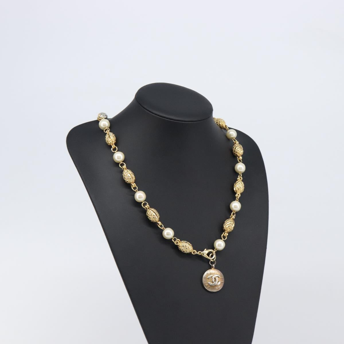 CHANEL Pearl Necklace metal Gold White CC Auth 201532