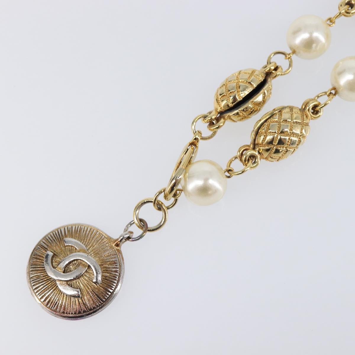 CHANEL Pearl Necklace metal Gold White CC Auth 201532