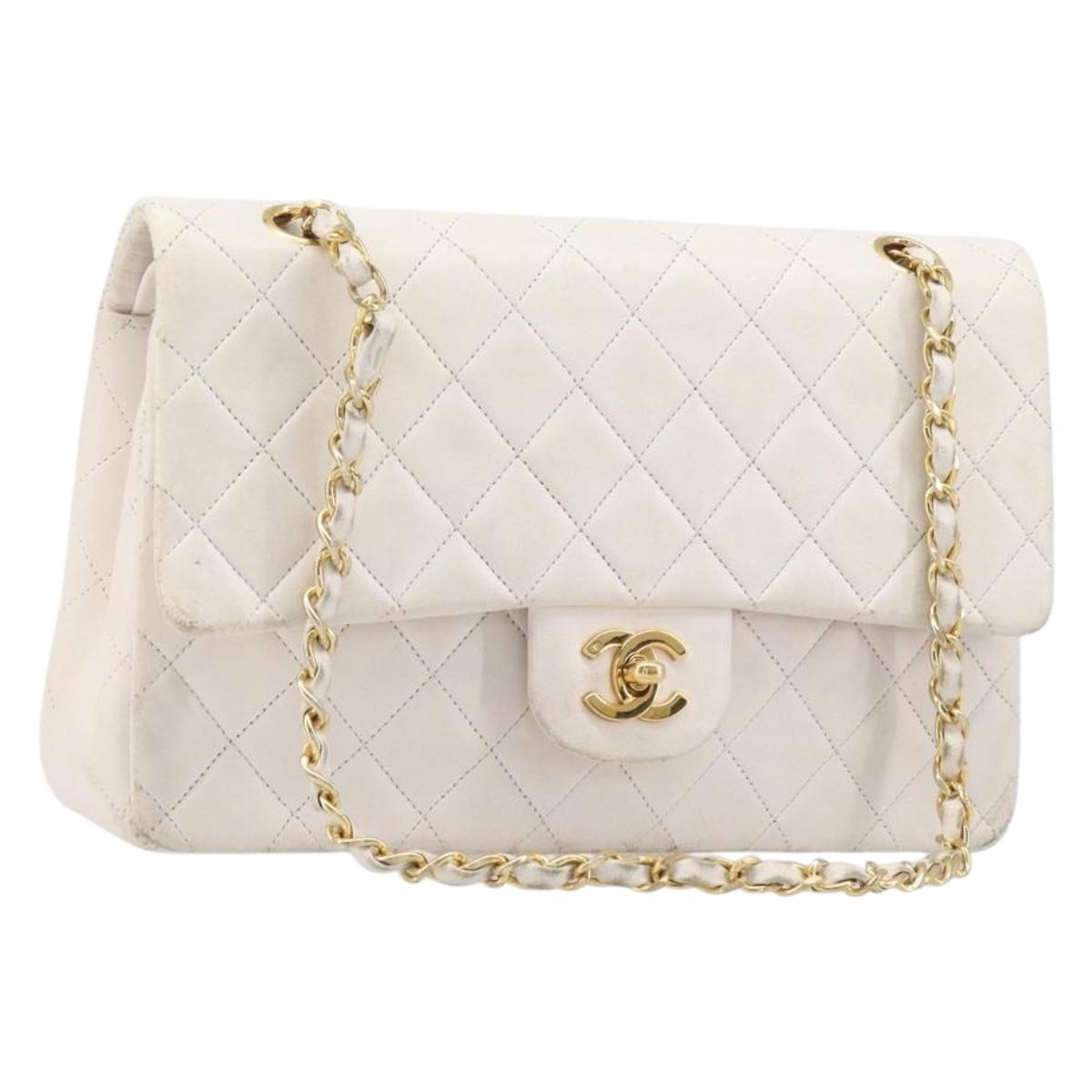 CHANEL Matelasse Double Flap Chain Bag Lamb Skin White Gold CC Auth 201534