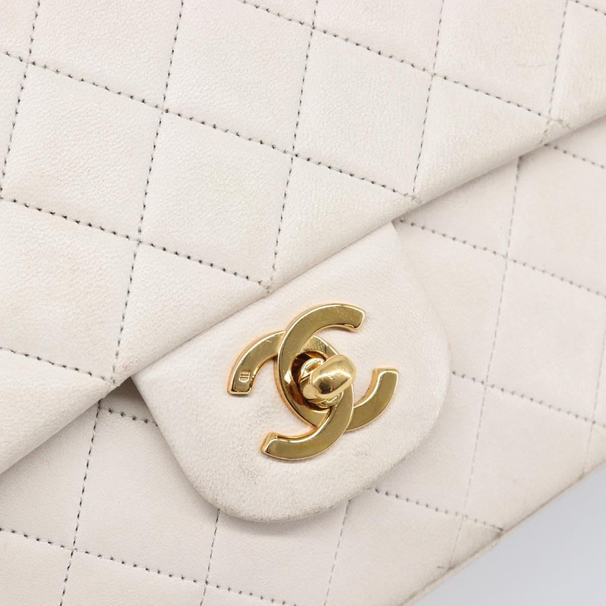 CHANEL Matelasse Double Flap Chain Bag Lamb Skin White Gold CC Auth 201534