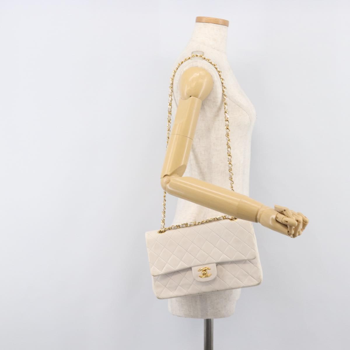 CHANEL Matelasse Double Flap Chain Bag Lamb Skin White Gold CC Auth 201534