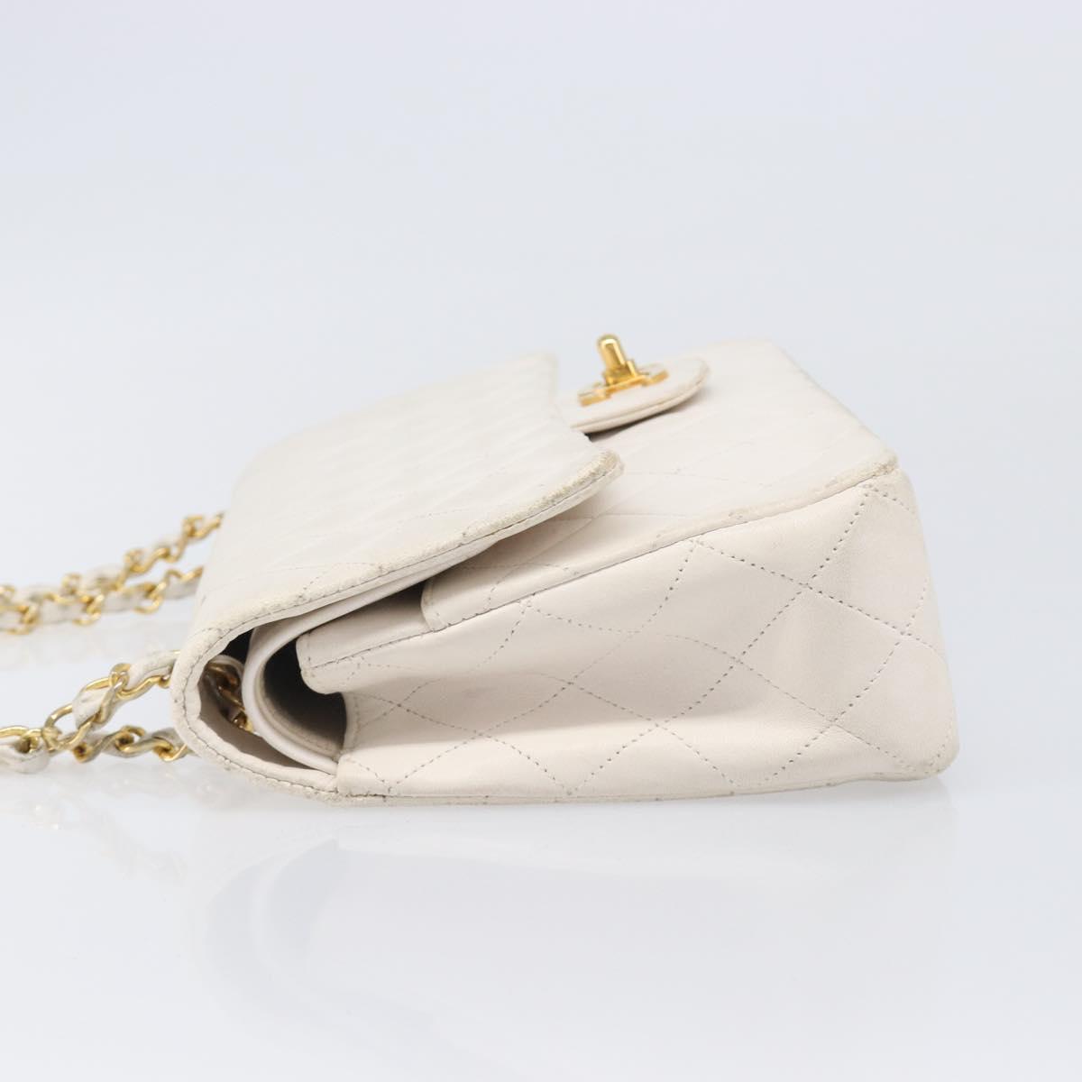 CHANEL Matelasse Double Flap Chain Bag Lamb Skin White Gold CC Auth 201534