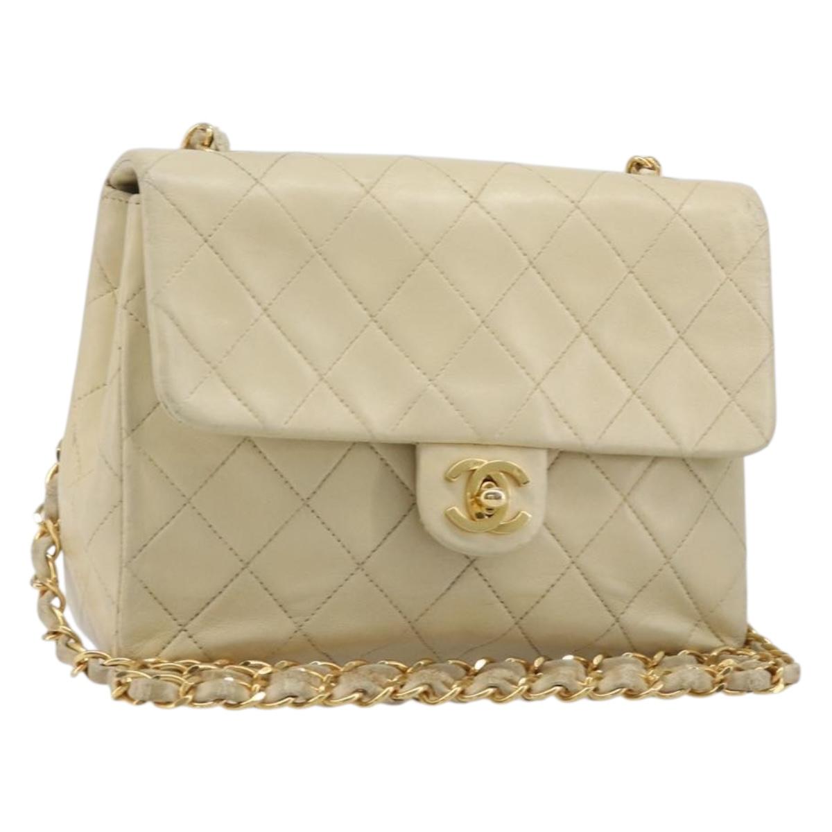 CHANEL Matelasse Chain Shoulder Bag Lamb Skin Beige Gold CC Auth 201539A
