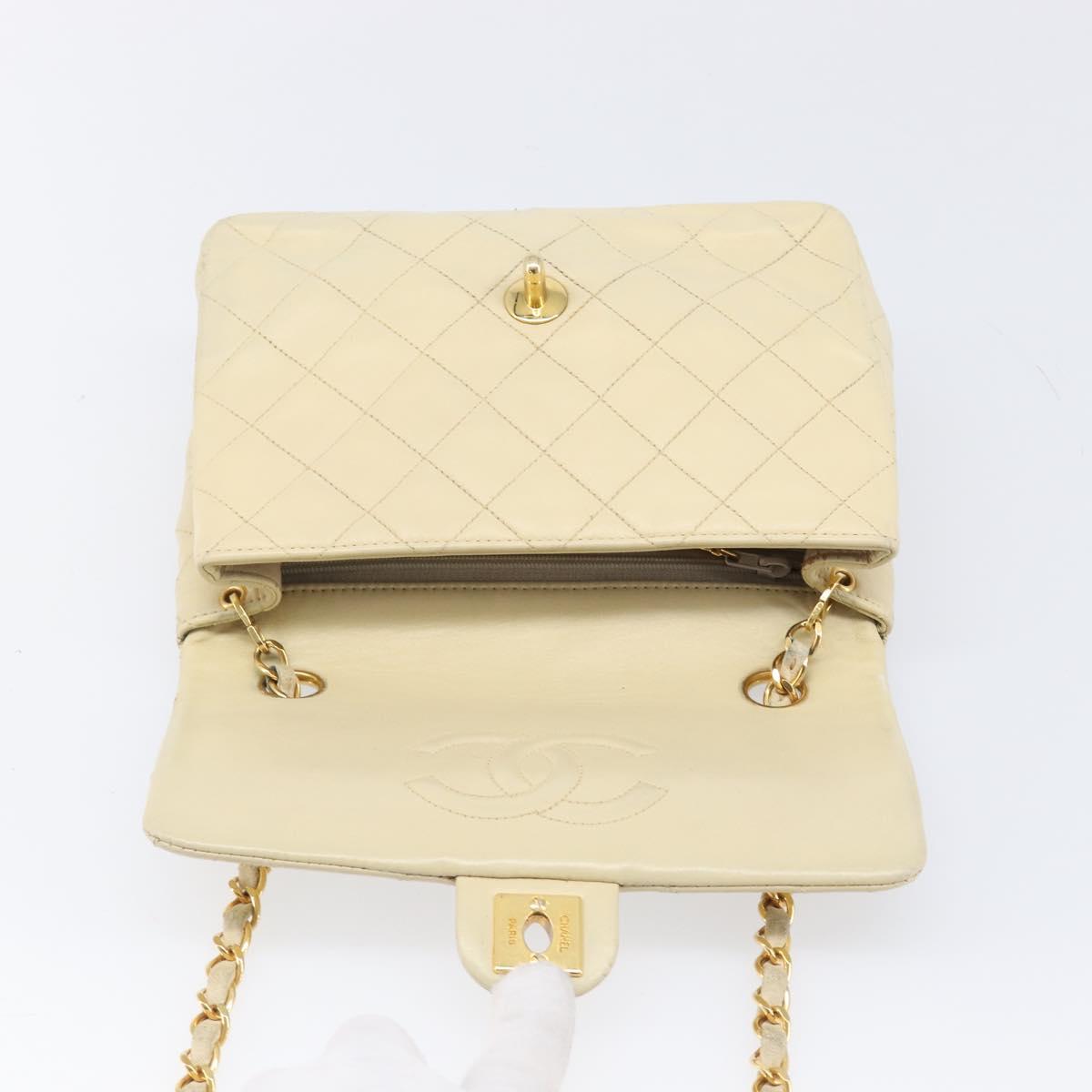 CHANEL Matelasse Chain Shoulder Bag Lamb Skin Beige Gold CC Auth 201539A