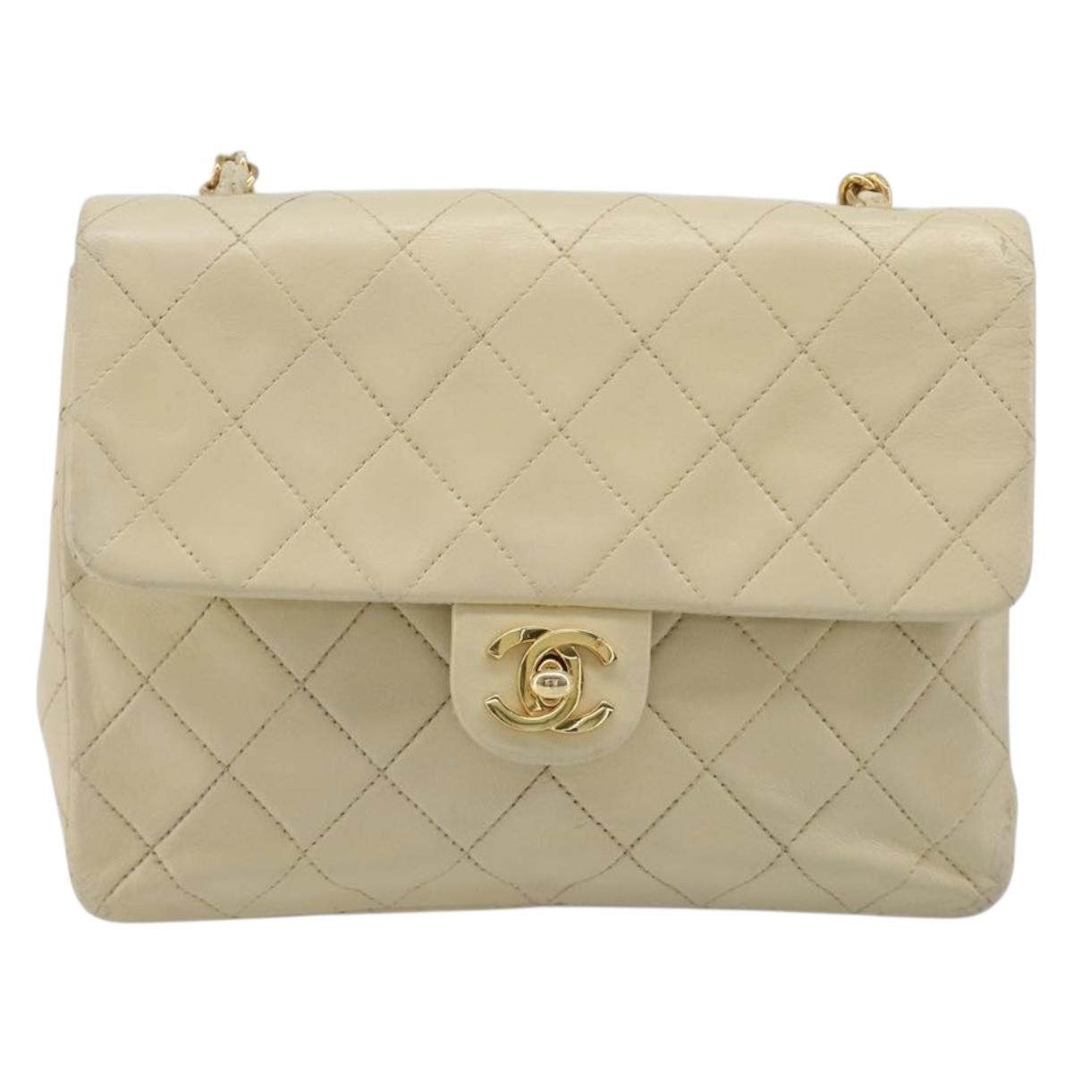 CHANEL Matelasse Chain Shoulder Bag Lamb Skin Beige Gold CC Auth 201539A