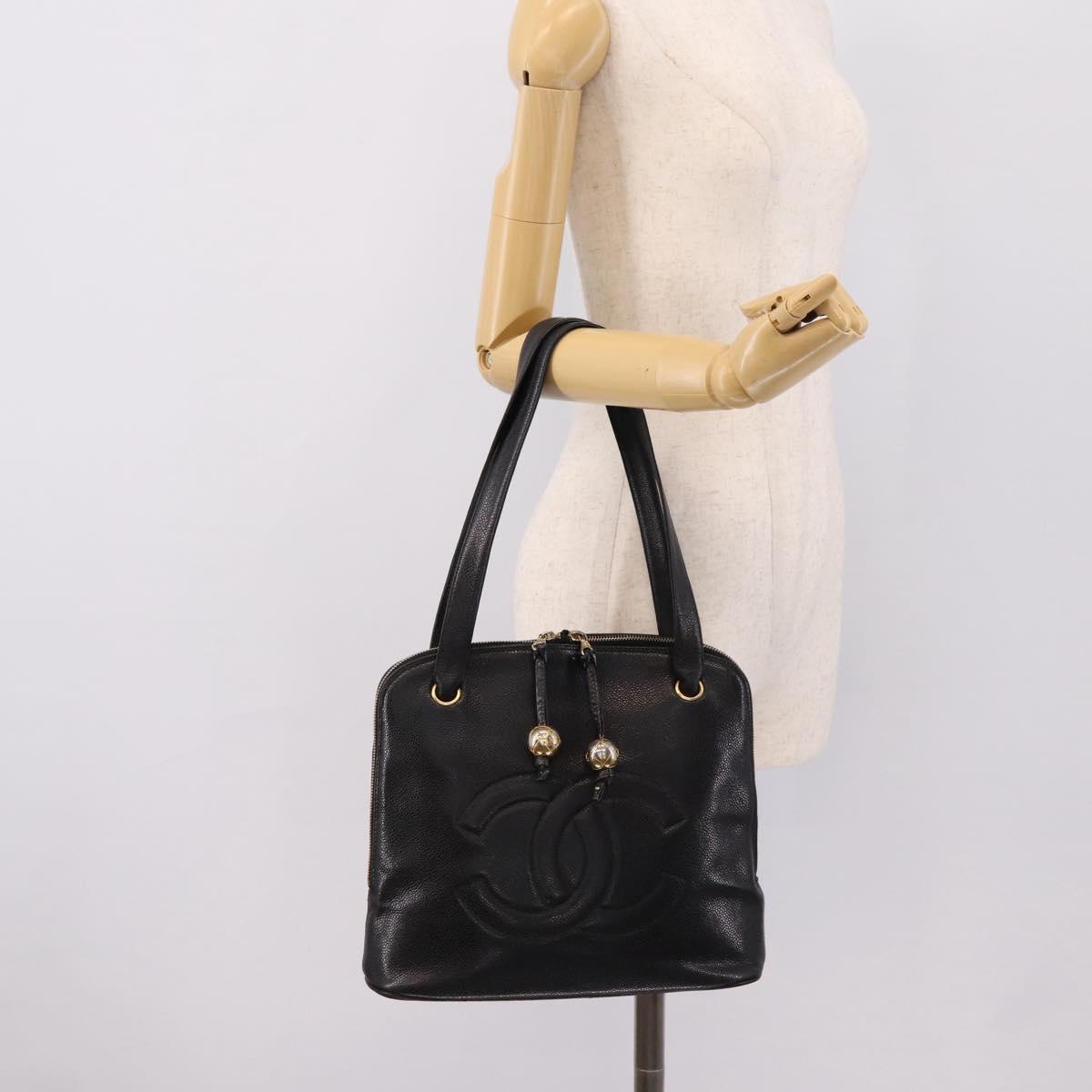 CHANEL COCO Mark Chain Shoulder Bag Caviar Skin Black Gold CC Auth 201540A