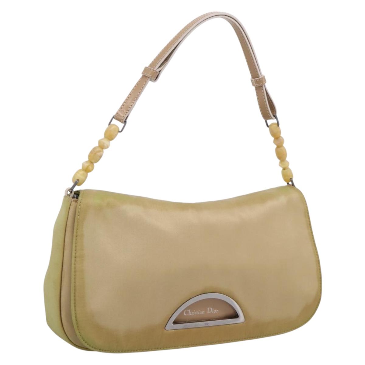 Christian Dior Maris Pearl Hand Bag Nylon Beige Silver Auth 201541