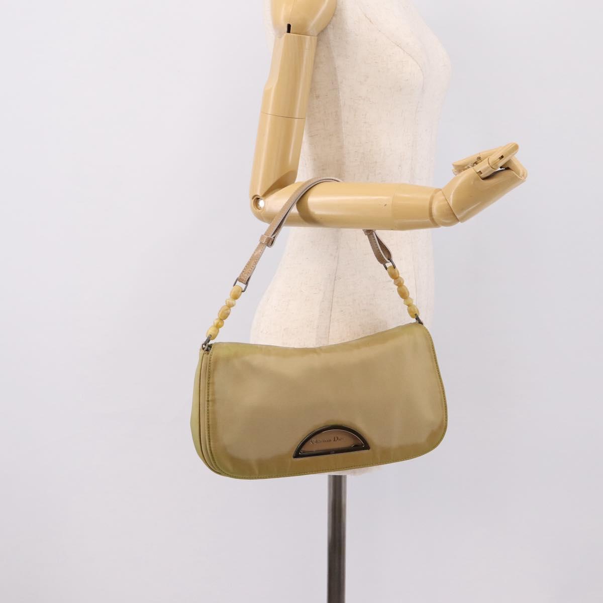 Christian Dior Maris Pearl Hand Bag Nylon Beige Silver Auth 201541