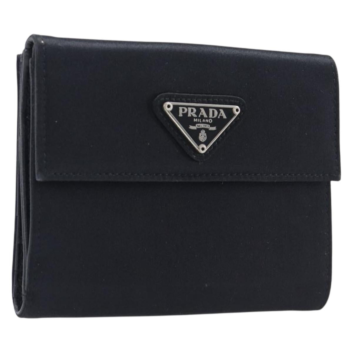 PRADA Wallet Satin Black Silver Auth 201549V