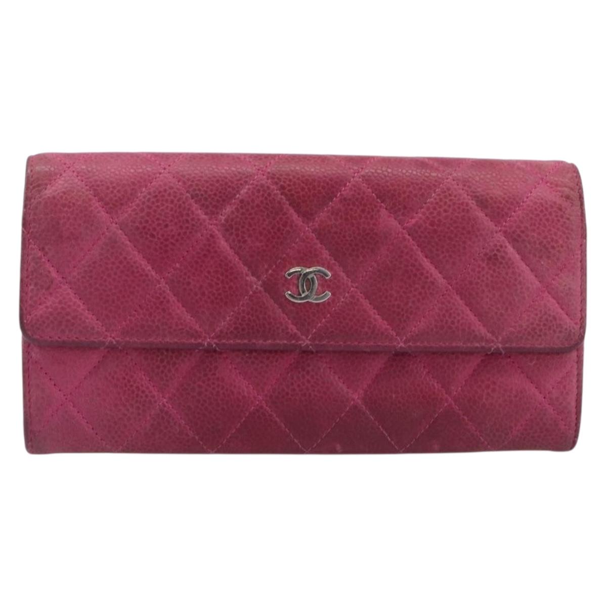 CHANEL Matelasse Long Wallet Caviar Skin Pink Silver CC Auth 201551