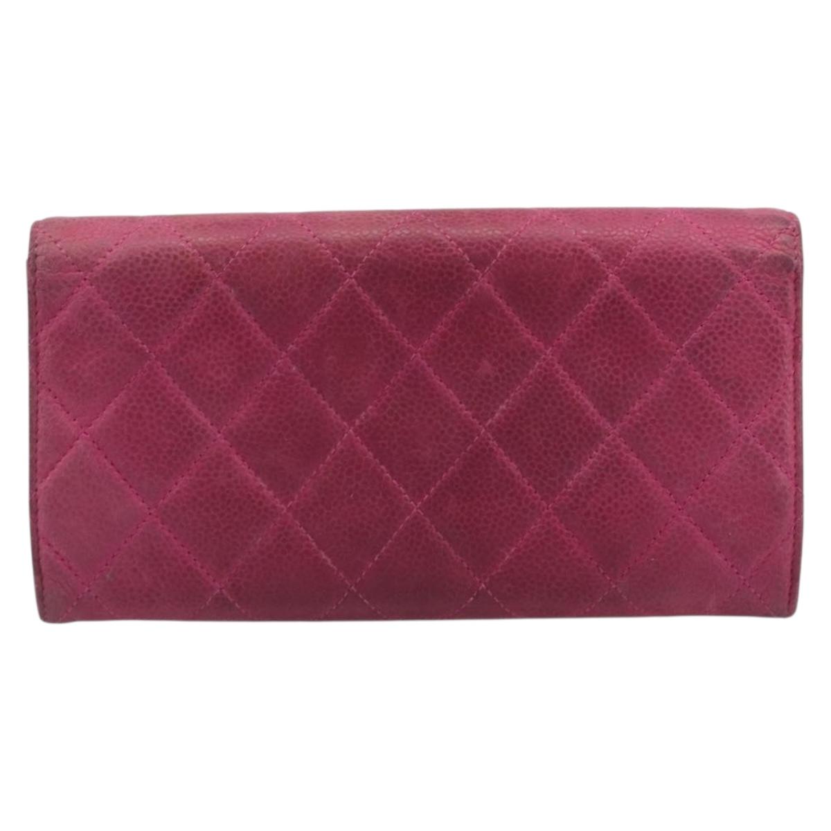 CHANEL Matelasse Long Wallet Caviar Skin Pink Silver CC Auth 201551