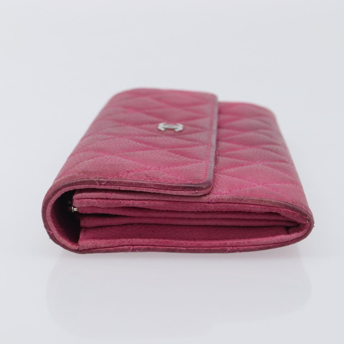 CHANEL Matelasse Long Wallet Caviar Skin Pink Silver CC Auth 201551