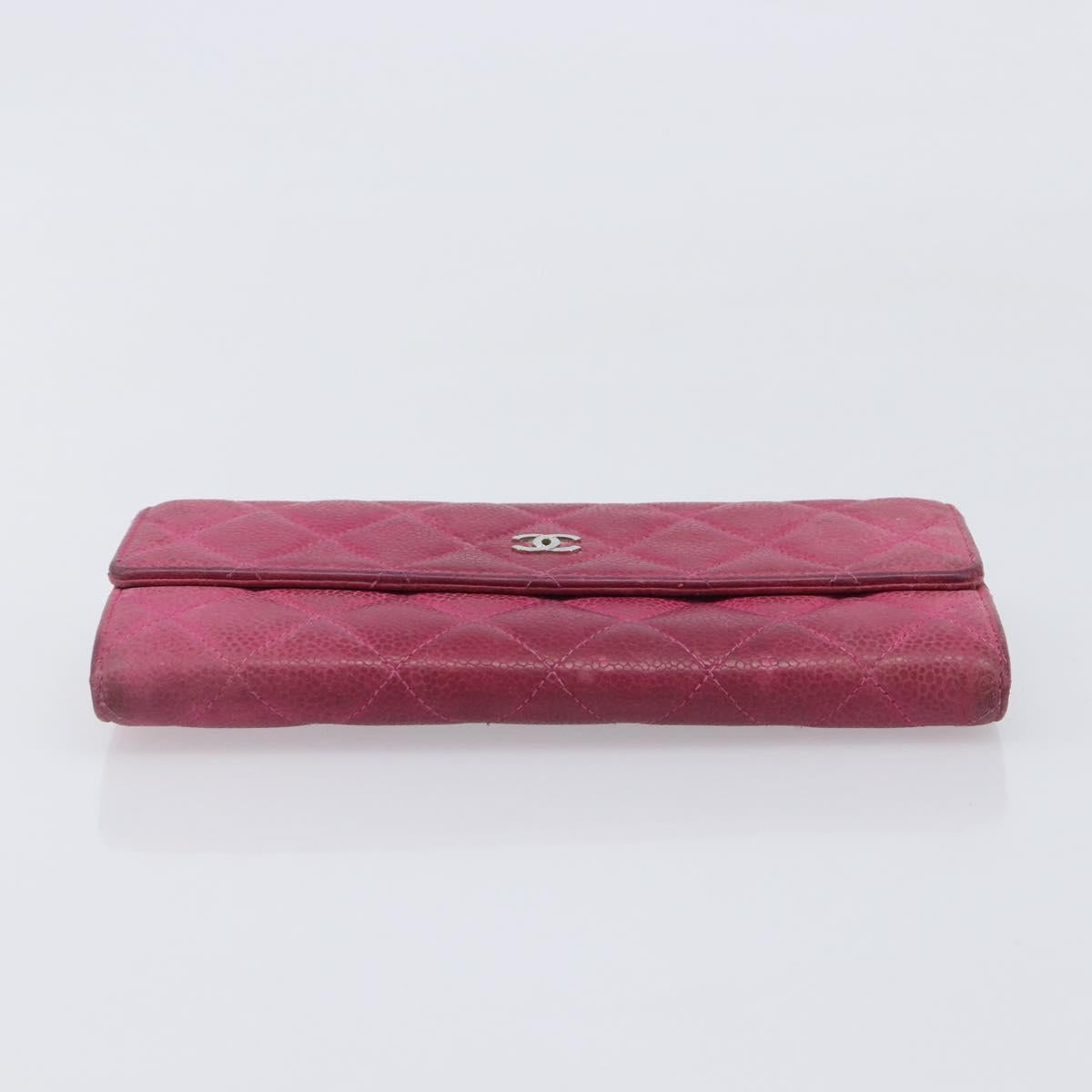 CHANEL Matelasse Long Wallet Caviar Skin Pink Silver CC Auth 201551