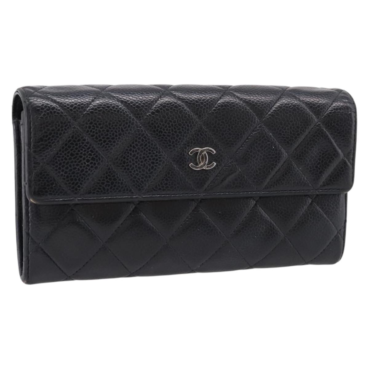CHANEL Matelasse Long Wallet Caviar Skin Black Silver CC Auth 201552