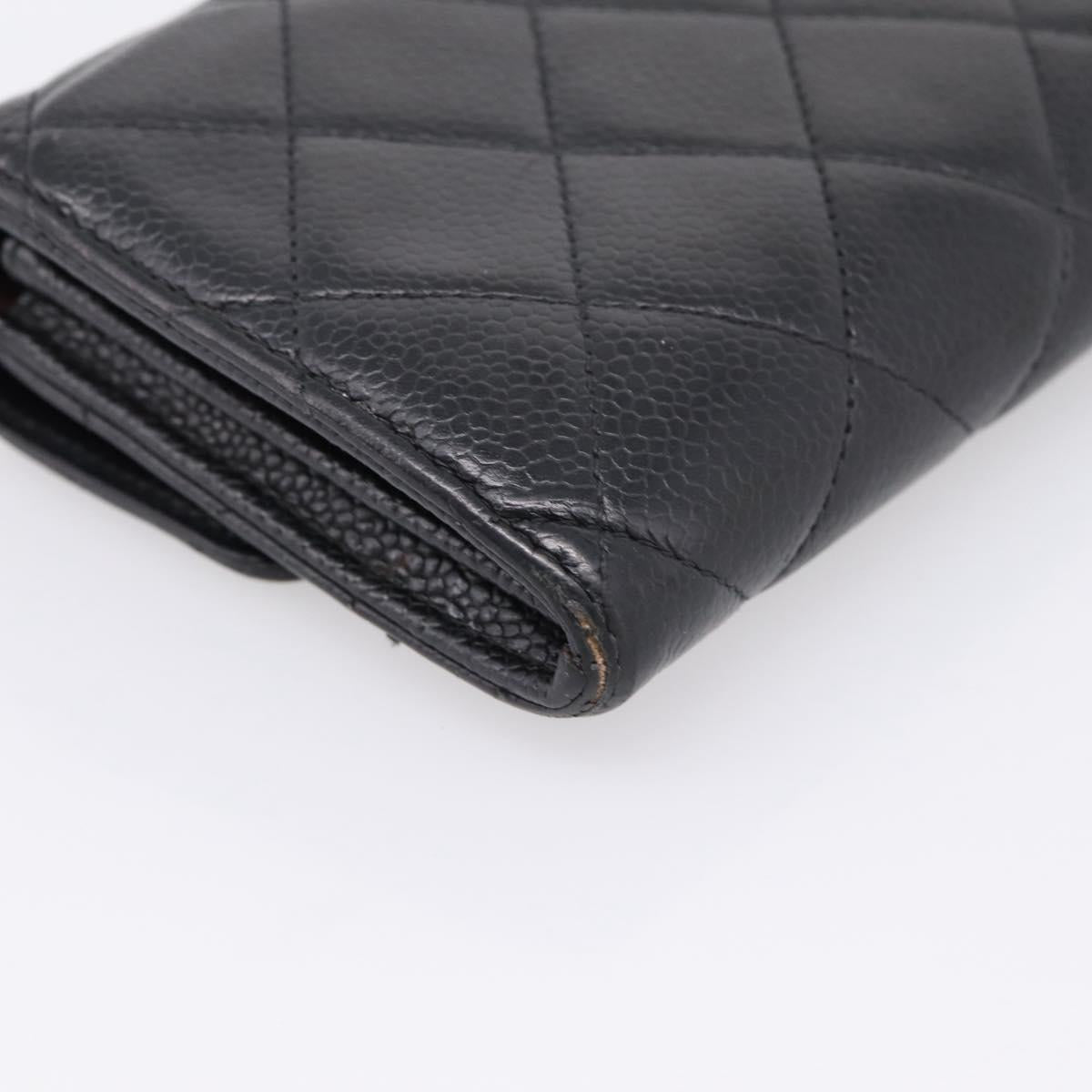 CHANEL Matelasse Long Wallet Caviar Skin Black Silver CC Auth 201552