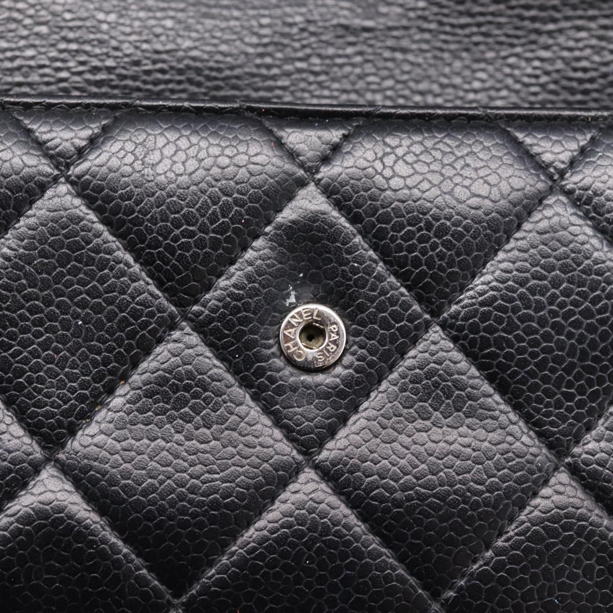 CHANEL Matelasse Long Wallet Caviar Skin Black Silver CC Auth 201552